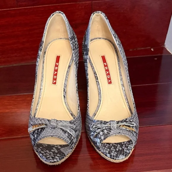 Prada Women's Black Snakeskin Peep-Toe Heels - Picture 4 of 4